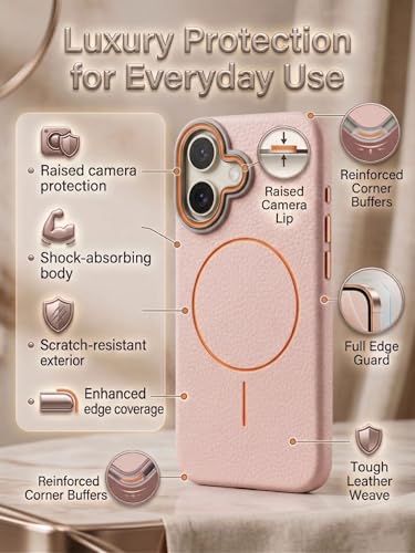 Image of amazon basics Luxury MagSafe Compatible Leather Texture Back Cover for iPhone 17 | Raised Camera Protection | Slim Fit Shockproof Case with Metallic Accents (Pink)