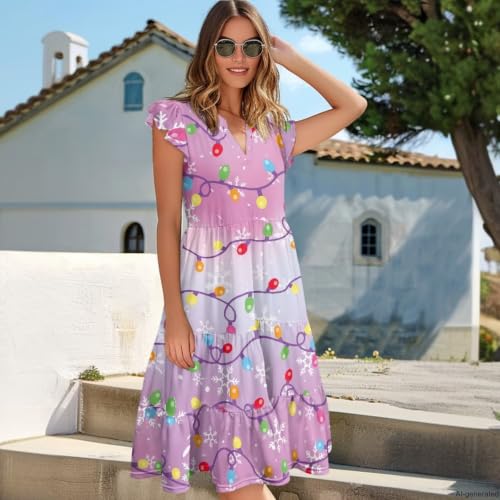 Image of Women's Casual Ruffle Sleeve Dress V Neck Pullover Dress Flowy A-Line Pleated Lightweight Dress with Pockets