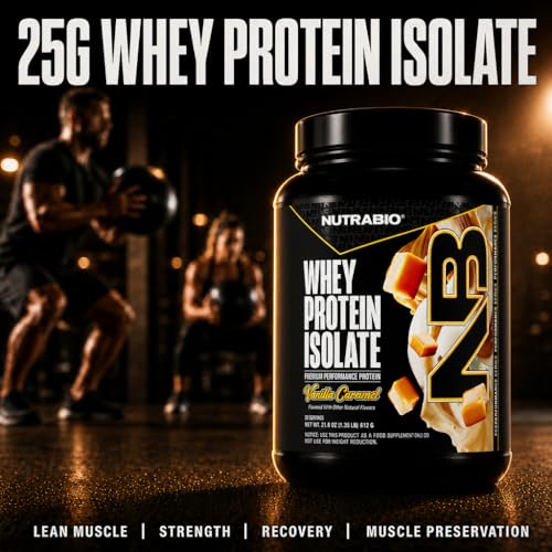 Image of NutraBio 100% Whey Protein Isolate Protein Powder, 25g Protein with Complete Amino Acid Profile, Non-GMO, Soy & Gluten Free, Low Carb, Low Calorie Whey Protein Powder, Vanilla Caramel, 20 Servings