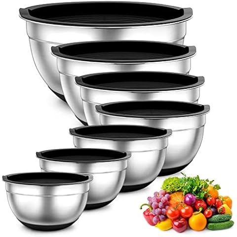 TEAMFAR Rührschüssel 7er Set, Edelstahl Schüssel Salatschüssel Set mit Luftdichten Deckel und Silikonboden, Stapelbar & Spülmaschinenfest Cover