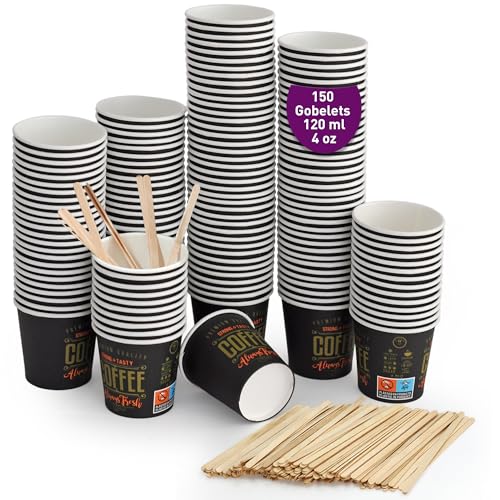 150 gobelets à café jetables 120 ml, gobelets jetables en carton avec agitateurs à café en bois. Pour les boissons chaudes et froides.