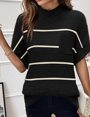 Image of Women 2026 Sweater Vest Mock Neck Batwing Short Sleeve Oversized Ribbed Knit Tops Fall Pullover Sweater S-XXL