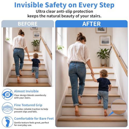 Image of Oleitodh Clear Non-Slip Tape, 3In x 60Ft, Transparent Safety Grip | Non Slip Traction Tape for Stairs, Wet Surfaces, Bathroom Entry, Boat, Outdoor Steps. Invisible, Comfortable Barefoot Texture