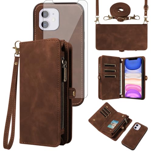 Coque portefeuille amovible iPhone 11 avec bandoulière et vitre en verre trempé