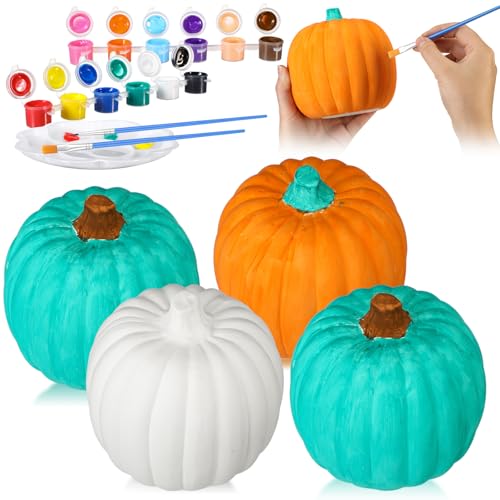 Fuyoooo 4 Sets Ceramic Pumpkins to Paint Craft White Pumpkins for Decorating DIY Faux Harvest Decorative Figurines for Fall Halloween Thanksgiving Party(4.72 x 4.72 x 5.71 Inches)