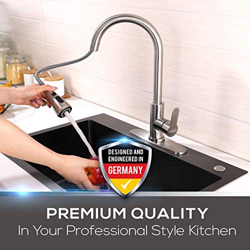 Mueller Single Handle Stainless Steel Kitchen Sink Faucet, High Arc, Single Lever, Pull-Out Sprayer Head, Stream Flow, Powerful Spray Kitchen Sink, with Deck Plate Brushed Nickel Finish
