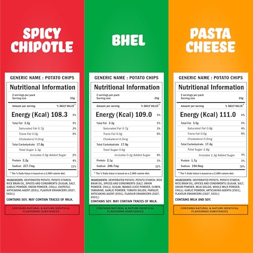Image of BRB Potato Popped Chips | Not Baked, Not Fried | 3 Packs X 48 Grams | 3 Flavours - Bhel, Spicy Chipotle, Pasta Cheese | 60% Less Oil | Low Calorie | Healthy Snack