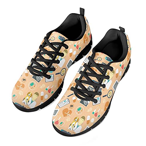 HUGS IDEA Freizeit-Sneakers, klassische Low-Top-Schnürschuhe, leichte Luftkissen-Schuhe, Doktor Hund Zähne Cartoon Muster, Orange Doctor Black, 44 EU