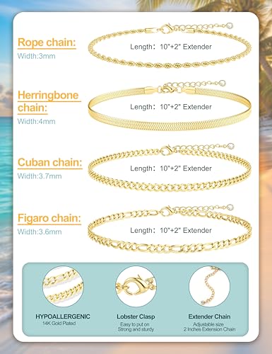 Image of Besteel Ankle Bracelets for Women Waterproof - 14K Gold Plated Non Tarnish Layered Cuban Link Chain Rope Figaro Herringbone Anklets Set Plus Size Anklet Summer Foot Jewelry Gift Adjustable 8-12 Inch