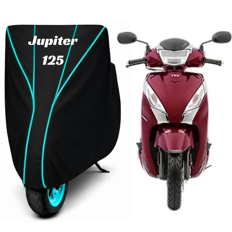 Image of Premium Bike Cover for TVS Jupiter 125, Water Resistant, Dustproof, UV Protected, Scratchproof Motorcycle Cover for Outdoor Use, All Weather Protection (Black & Aqua Piping)