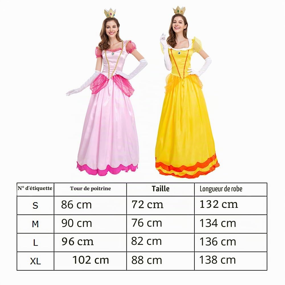 IDOPIP Costumes Costume de princesse pêche pour femme - Manches bouffantes - Robe de soirée longue pour carnaval, Halloween, carnaval, cosplay - Robe de fête S-XL