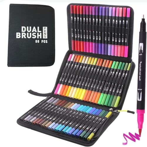Kit 80 Canetas Dual Brush Ponta Dupla Estojo Pasta Marcador Canetinhas Coloridas Adulto Infantil