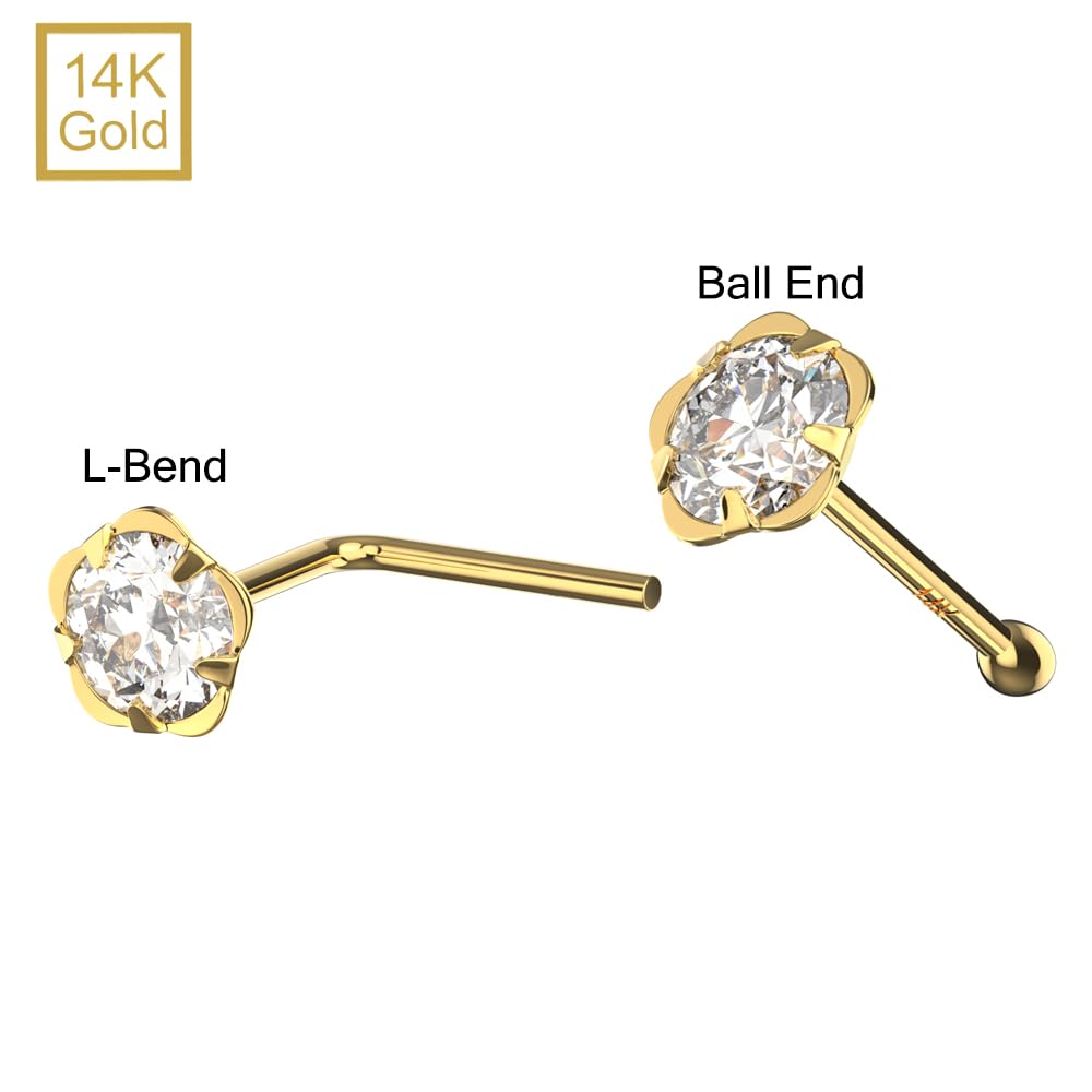 Piercing de nariz de oro amarillo macizo de 14 quilates con circonita cúbica sobre flor
