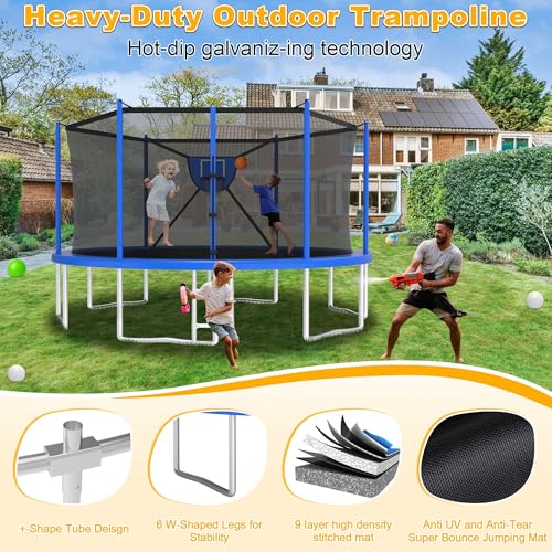 2025 Upgrade 1500LBS Outdoor Tranpoline for Kids and Adults 【Easy to Install & Built to Last】 10FT 12FT 14FT 16FT Recreational Tranpolines with Net, Basketball Hoop and Ladder, ASTM Approved