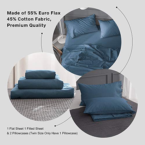 Simple&Opulence Belgian Linen Sheet Set with Ruffles - Queen Size - 4 Pieces (1 Flat Sheet & 1 Fitted Sheet & 2 Pillowcases) Natural Flax Cotton Blend Soft Bedding Breathable Farmhouse - Navy Blue - Thumbnail 2