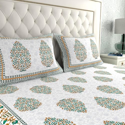 Image of La Verne 140 TC 100% Cotton King Size Jaipuri Rajasthani Print Bedsheet with 2 Pillow Covers