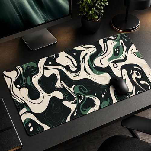 Image of AQQA Abstract Topographic Map Green and White Pattern with Lines Gaming Mouse Pad Long XL Desk Mat for Desktop Mousepad with Non-Slip Base Stitched Edge Keyboard Mat for Office Home 31.5 inch x 15.7 inch