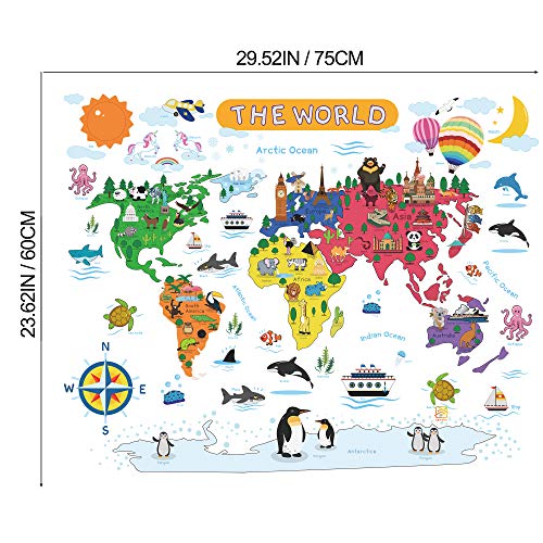Removable Cartoon Animals World Map Wall Decals Large Educational Animal Landmarks World Map Peel & Stick Wall Sticker Decor For Kids Bedroom Living Room Classroom Nursery Home Walls (S 24"X30") #TOP1