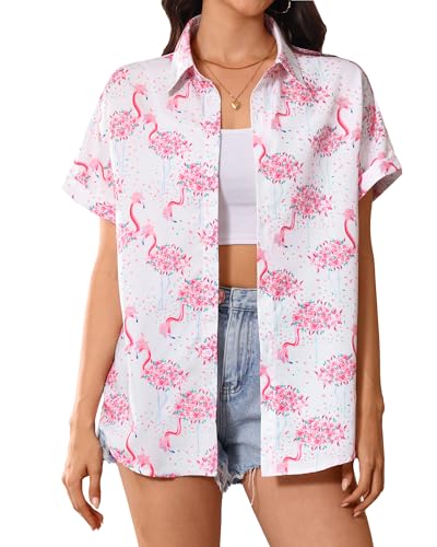 SEAOYOZO Womens Flamingo Hawaiian Shirt Short Sleeve Tropical Floral Button Down Shirt Aloha Summer Beach Hawaii Tops Lightweight M