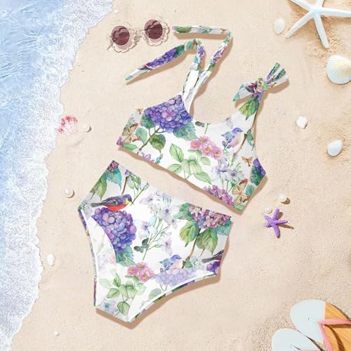 Blue Flowers Birds Butterfly Girls Bathing Suit Set High Waisted 2 Piece Swimwear Baby Girls Tankini Swimming Set 3T4