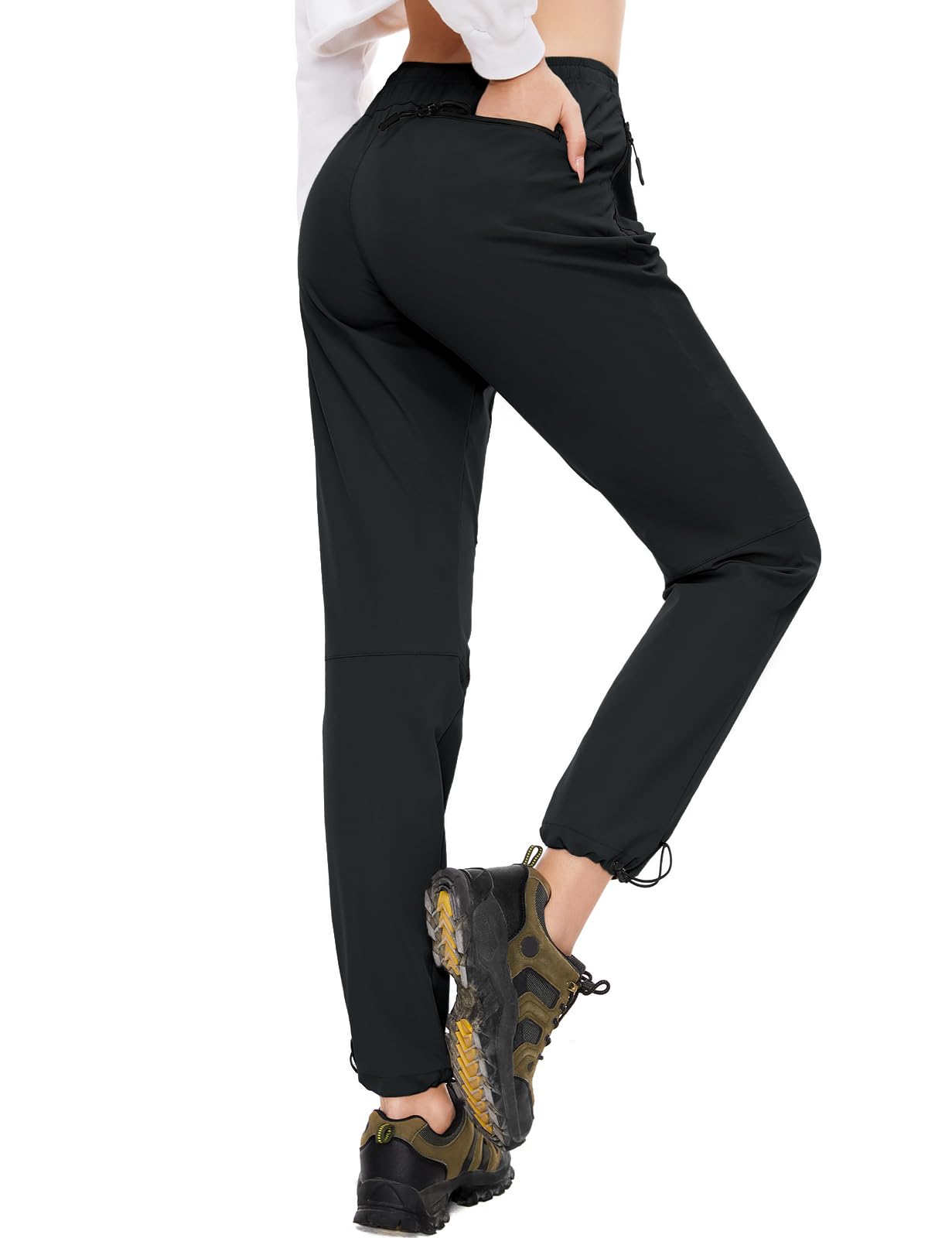 SEVEGO Pantalones de Senderismo para Mujer, Entrepierna Alta, 32, 34 y 36 Pulgadas, Ligeros, 4 Bolsillos con Cremallera, Resistentes al Agua, Negro -, L / 36L