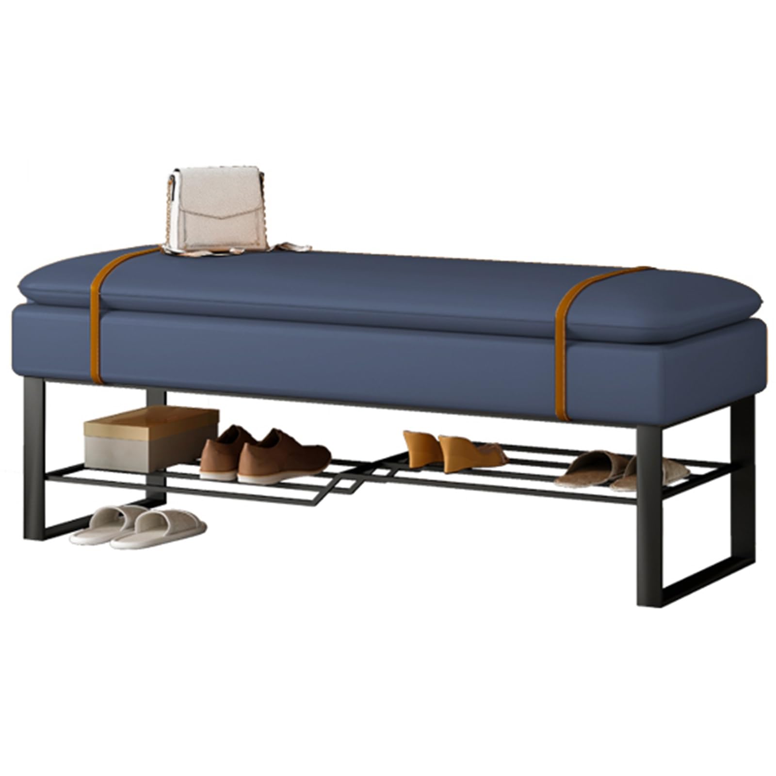 Banc moderne bleu range-chaussures et repose-pieds en acier noir salon