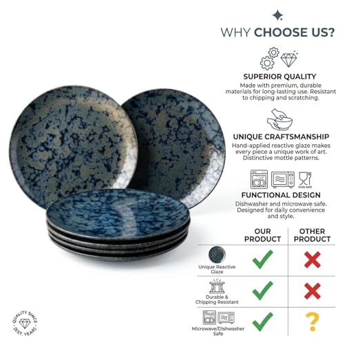 Image of Freakway Artisan Reactive Glaze Dinner Plates, Ceramic, Emerald Moss Blue, 27.17 cm, Round, Set of 6, Microwave & Dishwasher Safe