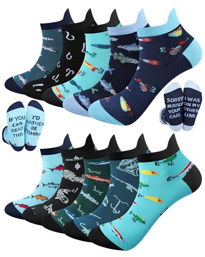 Haysandy 10 Pairs Funny Fishing Socks for Men Novelty Cotton Low Cut Fishing Socks Gift for Fisherman Men Dad Grandpa