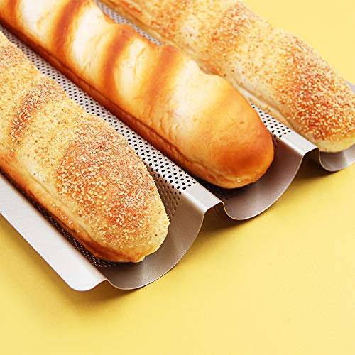 FireKylin Nonstick Perforated Baguette Pan, 15\" x 11\" French Bread Pan 3 Wave Loaves Loaf Bake Mold Toast for Oven Baking (Champagne Gold)