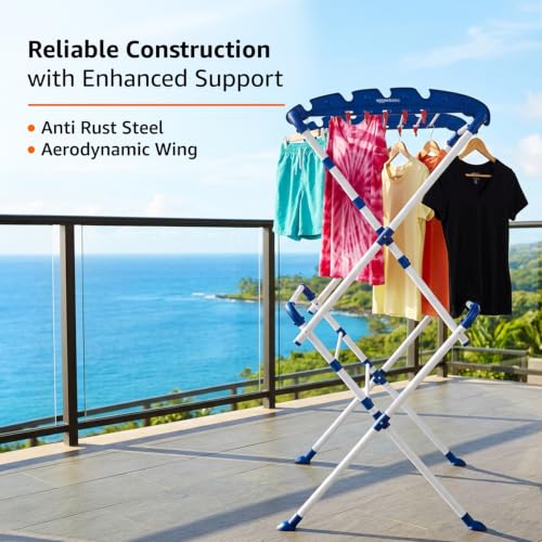 Image of AmazonBasics Clothes Stand for Drying | Foldable & Portable | 13 Hanger Rods and 10 Additional Hooks | Anti Rust Mild Steel