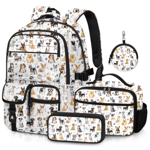 Fihevur Dog Backpack Set for Girls Boys School Backpack with Lunch Box and Pencil Case Coin Purse School Bookbag for Kids Kindergarten Elementary