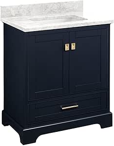 Signature Hardware 483403 Quen 30" Free Standing Single Basin Vanity Set with Cabinet, Vanity Top, and Undermount Sink - No Faucet Holes - Midnight Navy Blue/Carrara Marble