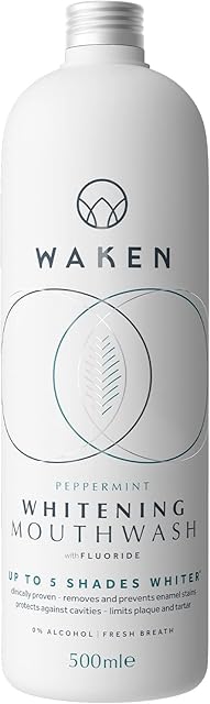 Waken, 500ml Whitening Mouthwash,100% Natural Flavour, with Added Fluoride, No Artificial Colours or Flavourings, Alcohol-Free, Eco-Friendly, Vegan, Recycled Packaging, 100% Recyclable, White