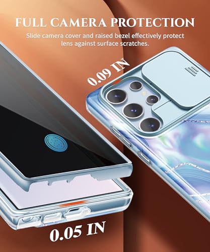 Image of GVIEWIN for Samsung Galaxy S23 Ultra Case, [Slide Camera Cover & Built-in Anti-Spy Privacy Screen Protector] [2 Front Frames] Shockproof Military Grade Marble Phone Case for S23 Ultra 6.8 inch (Aurora)