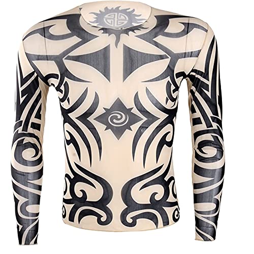 DRHOM Men's Fake Tattoo T Shirt Tribal Inspired Print Elastic Long Sleeve Muscle Tops Undershirt2
