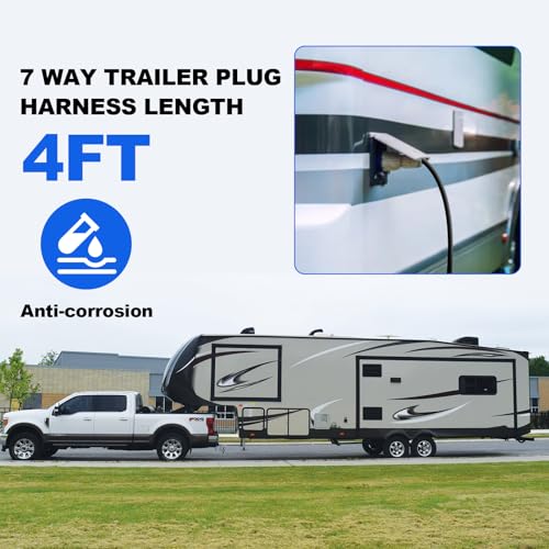 Image of 4 FT 7 Pin Trailer Plug Heavy Duty Trailer Wire Extension Pure Copper 7 Wire Trailer Wiring Harness Kit with Dust Cover 7 Way Trailer Plug Cord for RVs Trailers Campers