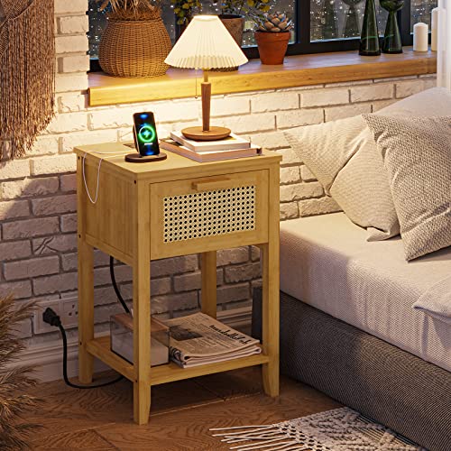 Viagdo Nightstand With Charging Station, Bamboo End Table With Usb Ports & Power Outlets, Bed Side Table With Rattan Drawer, Nightstands Set Of 2 For Bedroom, Living Room, Natural, 2 Pack #TOP1