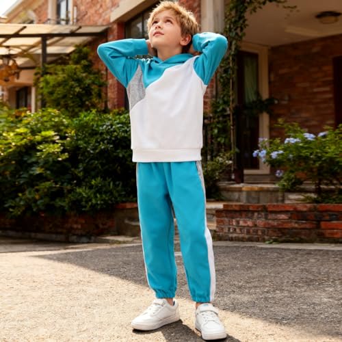 Image of Boys Clothes 2pcs Tween Boy Color Block Hoodie + Pants Little Boys Fall Winter Outfits Set, 4-12 Years