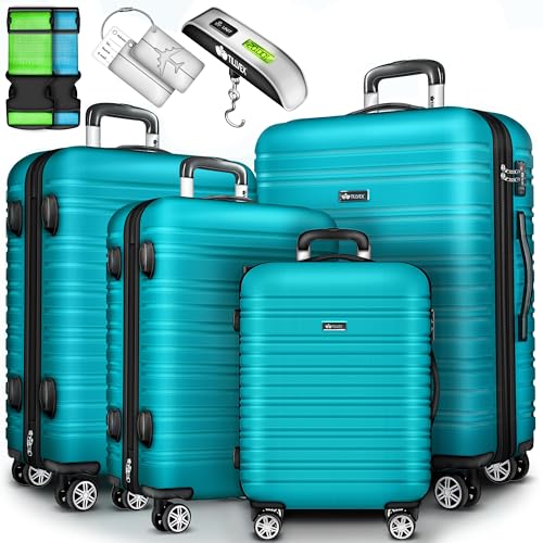 tillvex® Set di 4 valigie da viaggio con bilancia per bagagli, cinghie per valigie e etichette per...