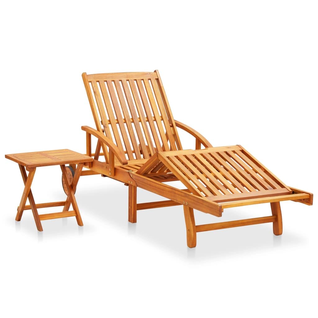 Coavain Tumbona de exterior con mesa y cojín de madera maciza de acacia, 200 x 67 x 85 cm, color blanco crema. Tumbona de relax moderna para piscina, respaldo y reposapiés, ajustable, para balcón,