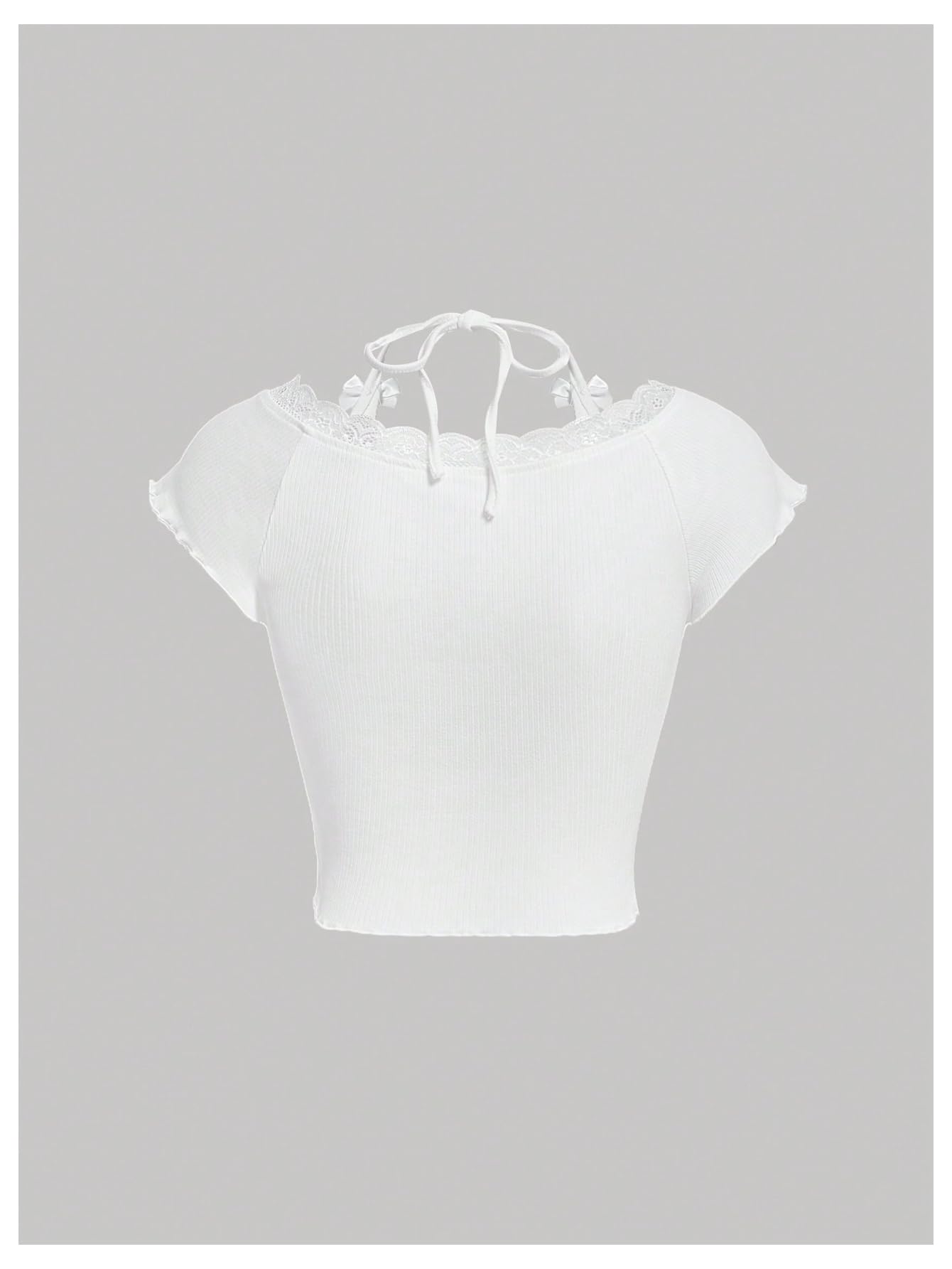 Verdusa Women's Lace Halter Cute Going Out Tops Lettuce Trim Casual Crop Tops: Verdusa Women's Contrast Lace Halter Neck Lettuce Trim Casual Crop Tee Tops