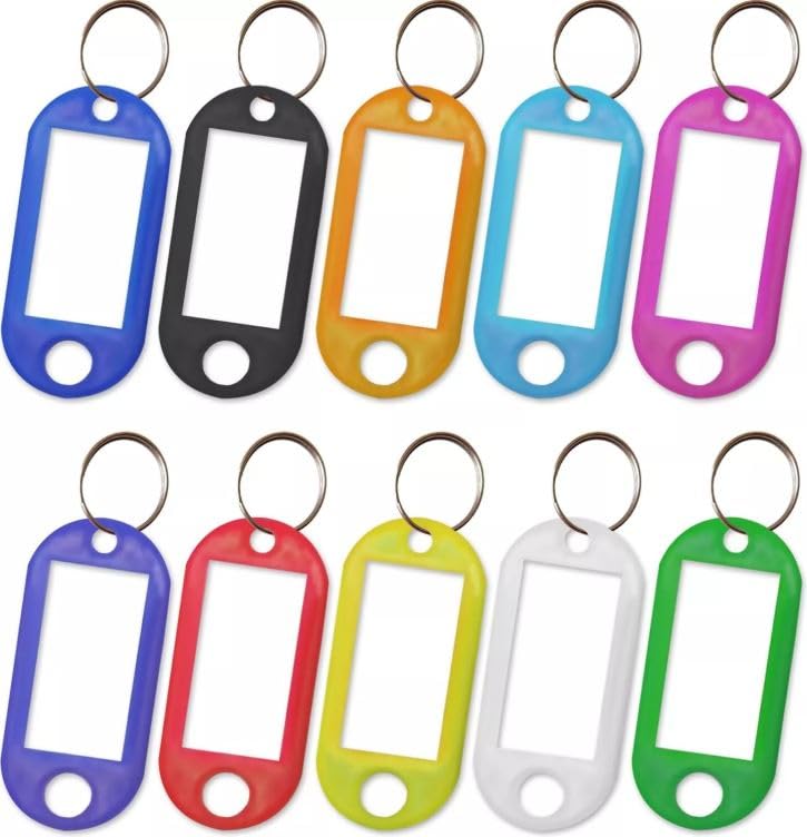5cm Plastic Keyring Tags with ID Label Mix Key Tags with Blank Paper ID Labels Clear Windows Protective Films and Split Rings Flexible Item Identifiers Pack of 10.
