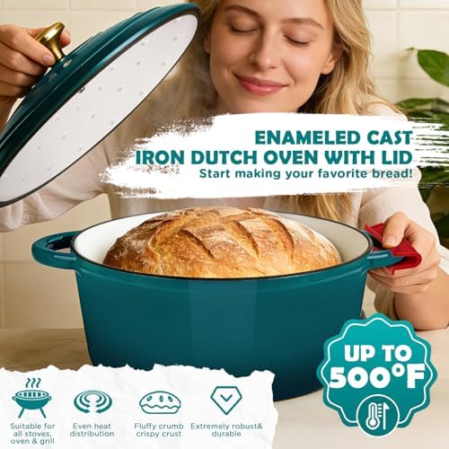 Enameled Cast Iron Dutch Oven Pot with Lid, Incl. Sourdough Bread Baking Supplies Like Banneton Bread Proofing Basket, Starter Jar, Bread Lame, 5QT Dutch Oven for Bread Baking, Oven Safe up to 500°F - Thumbnail 2