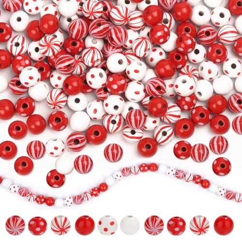 180 Pcs Candy Cane Wood Beads 16mm Christmas Wooden Bead Colorful Round Craft Beads with Holes Christmas Dotted Striped Farmhouse Spacer Wood Bead for Xmas Party Holiday DIY Garland Jewelry