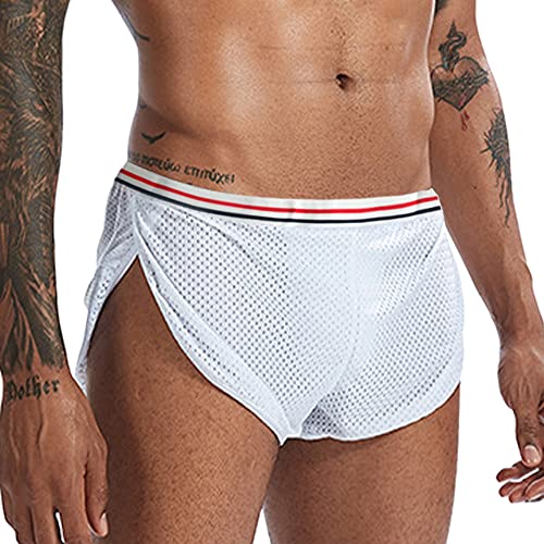 Mens Running Shorts with Large Split Sides Sexy Sports Shorts Mesh See Through Athletic Shorts White XL