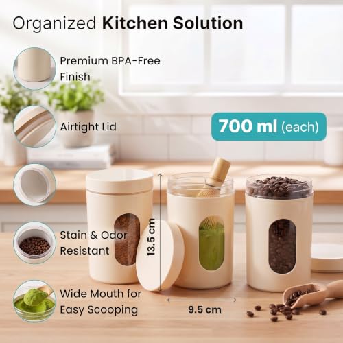 Image of Airtight Plastic Storage Container Set of 3, 700ml BPA-Free Food Grade Kitchen Jars with Transparent Window, Leakproof Canisters for Coffee, Sugar, Tea, Snacks & Dry Food (CREAM)