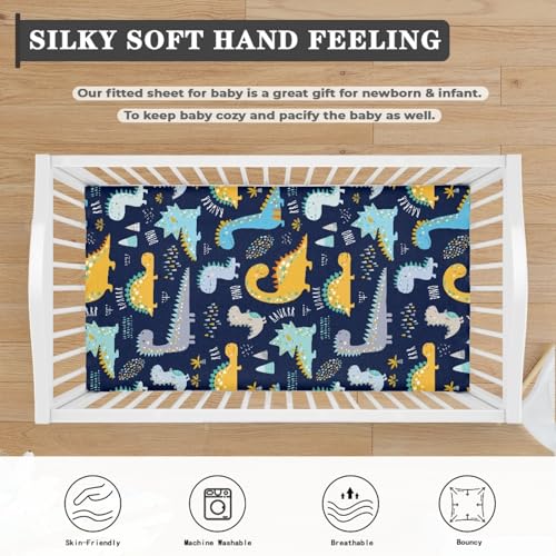 Image of Cute Dinosaurs Baby Crib Sheets for Boys Girls Navy Blue Fitted Crib Sheet for Standard Crib and Toddler Mattress Colorful Baby Mattress Sheets Toddler Bed Sheet 52x28x8 in