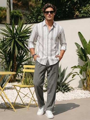 Image of Urbano Fashion Men's Cotton Full Sleeve Relaxed Fit Linen Striped Shirt with Spread Collar