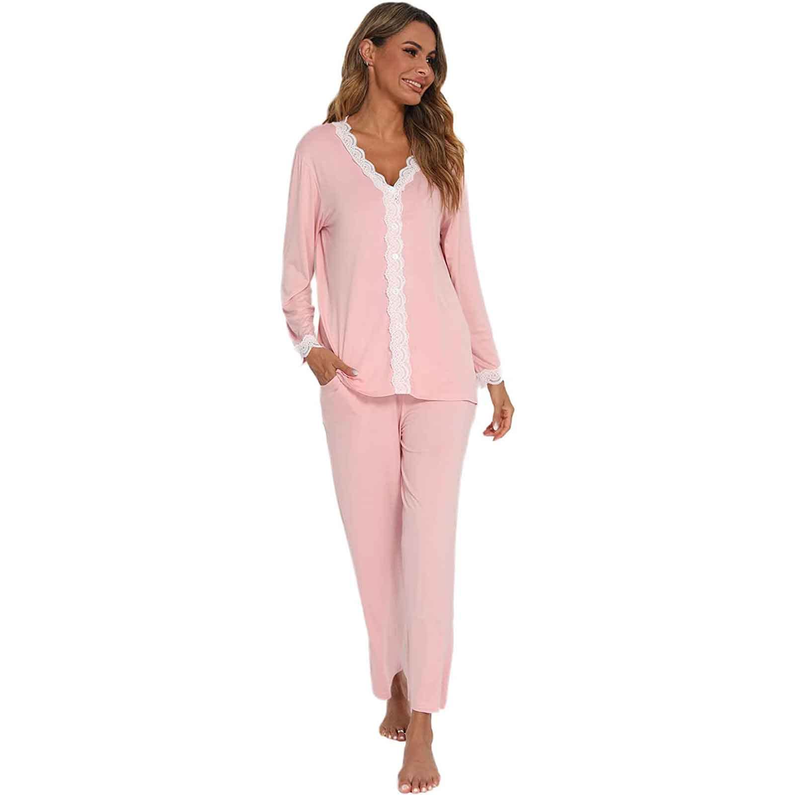 Jecarden Pyjama deux pièces à manches longues en coton modal, bord en dentelle, pour femmes et filles