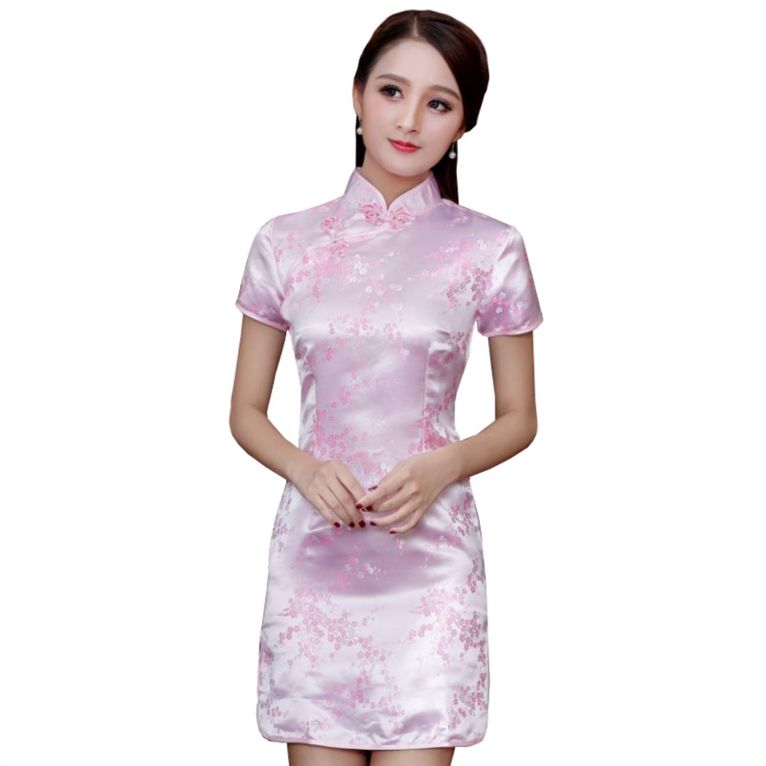 XueXian Women's Floral Flower Satin Brocade Qipao Cheongsam Short Sleeve Chinese Dresses Thigh Length (8, Pink)